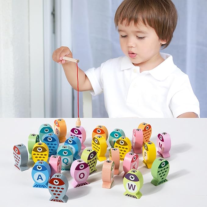 ONEST 28 Pieces Magnetic Fishing Game for Kids Wooden Magnet Fishing Game Wooden Magnetic Toys for Kindergarten Preschool Girl Boy