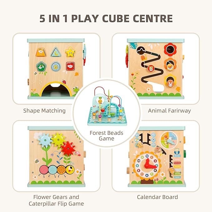 All-in-one Activity Center, 5 in 1 Baby Activity Table with Gear Game, Kids Sensory Table Play Cube with Montessori Calendar, Bead Maze, Shape Sorter, Ball Drop and More