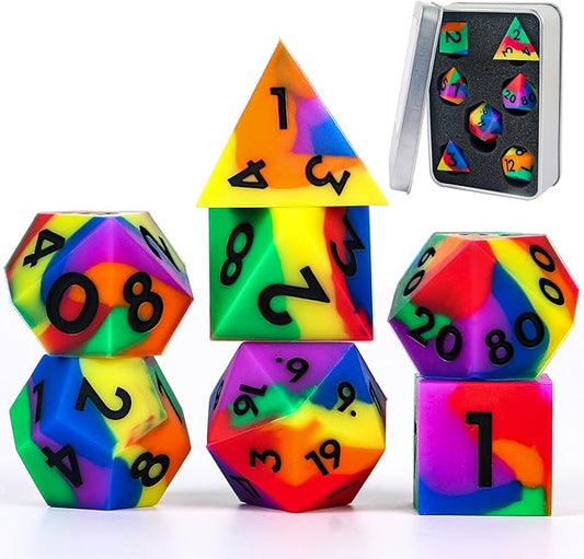 DND Dice Set Sharp Edge Dice Set 7 Piece DND polyhedral Dice Numbers with Gold Leaf Exquisite Tin Box Packaging,Ideal for Dungeons & Dragons RPG and Board Games (Rainbow)