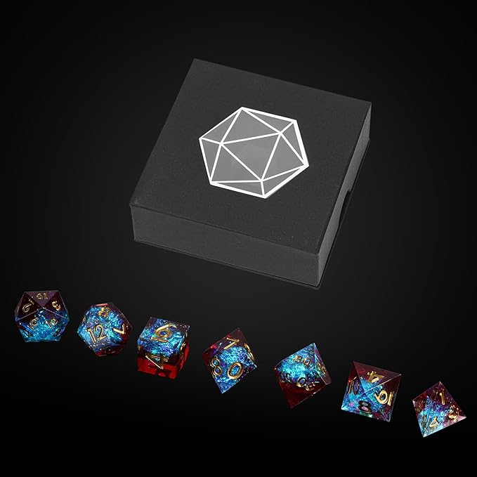7PCS DND Dice Set,Handmade Sharp Edge Dice Set D&D RPG Polyhedral Die,for Dungeons and Dragons TTRPG Games Roleplaying Games Pathfinder,with Gift Box(Blue with Red)