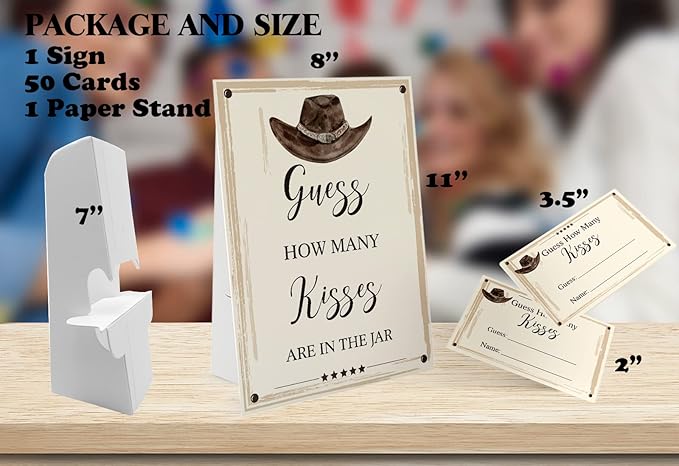Guess How Many Kisses Are in the Jar Game-1 Standing Sign and 50 Guessing Cards, Cowboy Bridal Shower Games, Baby Shower Sign, for Boys Girls Baby Shower Favors and Weddings Party Decoration-08