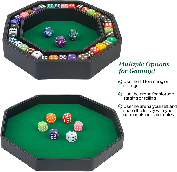 Dice Tray With Lid for Board Games, Green Felt Lined PU Leather Octagon Rolling Tray and Box Storage