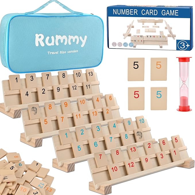 Wooden Rummy Cube Game with Portable Storage Bag, Travel Rummy Game Set with 106 Tiles, 4 Playing Rack, 1 Timer (2-4 Players)