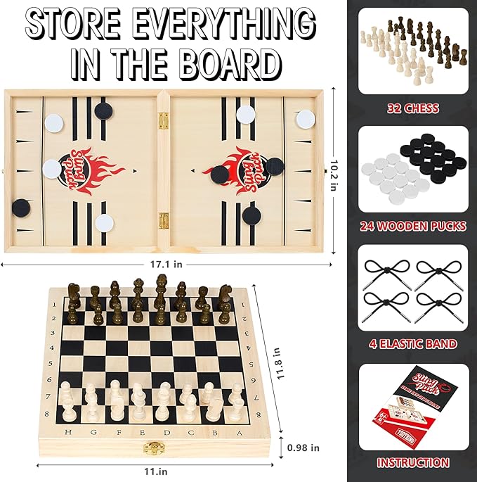 4 in 1 Fast Foldable Slingshot Puck Game with Chess Board and Checkers Board, Tic Tac Toe, Wooden Air Hockey for Family Night, Table Games for Adults and Kids