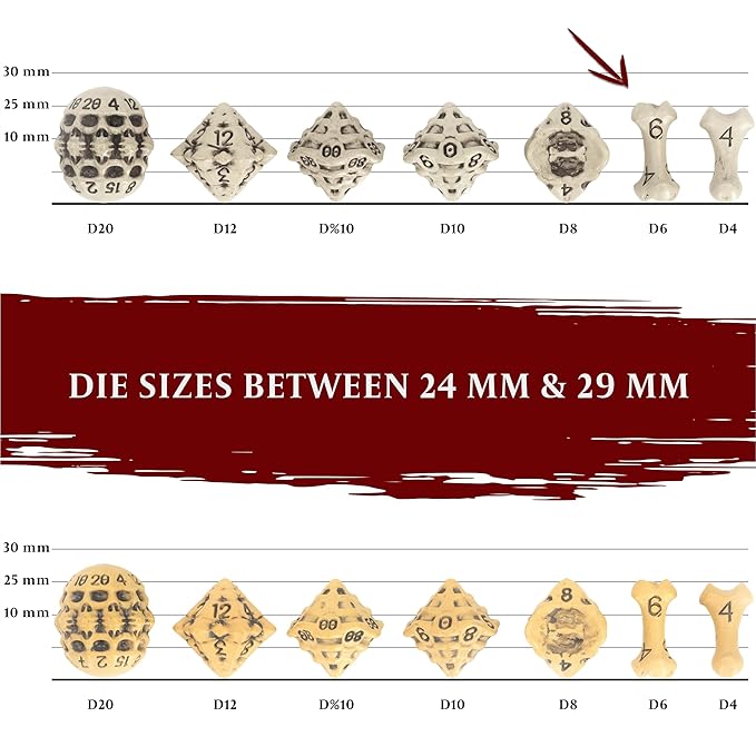 D6 Dice Set - Set of Six 6 Sided Dice - Skull & Bone Themed RPG Dice. Cool & Unique Gift and Compatible with Dungeons & Dragons (DND), D&D, Pathfinder, D and D. (Cleaned Bone White)