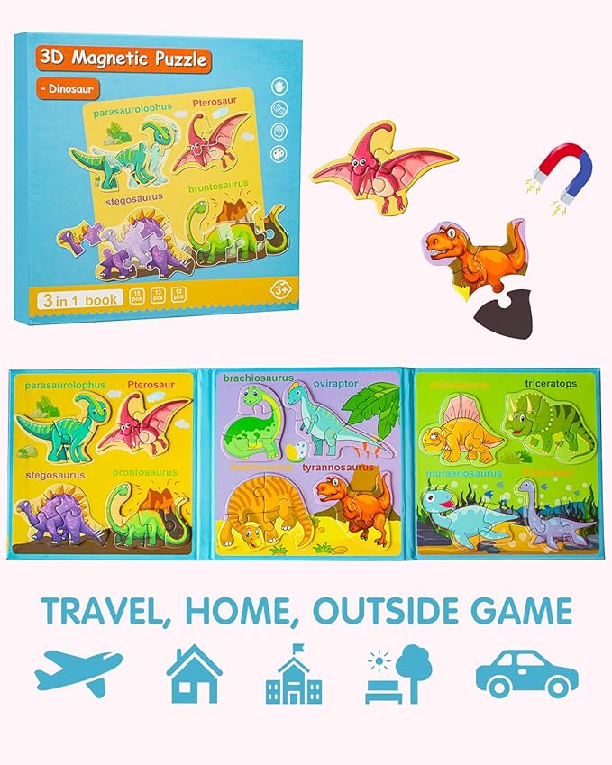 Magnetic Puzzles for Toddlers 2-4, Travel Puzzles Games for Kids Ages 1-3, Dinosaur Activities Toy Wooden Jigsaw Puzzles Book for Boys & Girls 1 2 3 4 5, Learning Magnet Gift for Road Trip (Dinosaur)