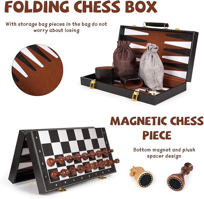 Chess Checkers Backgammon Set 3-in-1 Board Games Sets for Kids & Adults，15" Folding Magnetic Chess Set Leather Chess Board Strategy Game Portable Travel Chess Game with Magnetic Chess Pieces