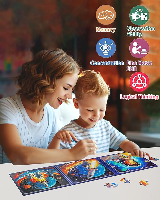 Magnetic Puzzles for Kids Ages 3-5, 3 in 1 Jigsaw Puzzle Book, Animal Car Activities Travel Puzzles for Toddlers Boys and Girls, Learning Magnet Toy for Road Trip(Rocket)