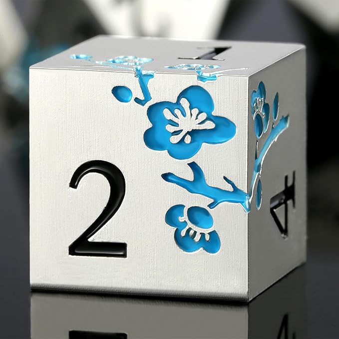 Glow in The Dark Flower Metal Dice, DNDND 7 PCS Blue Metallic D&D Dice Set with Gorgeous Gift Case for Dungeons and Dragon Tabletop Game (Glow in The Dark Blue)
