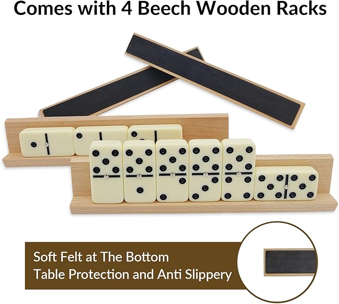 Jumbo Dominos Set for Adults with 4 Wooden Racks/Trays, Double 6 Dominoes Travel Set with Portable Case Double Six Dominoes Set with 4 Tiles Holders, 28 Tiles Dominos Set for Family Board Games