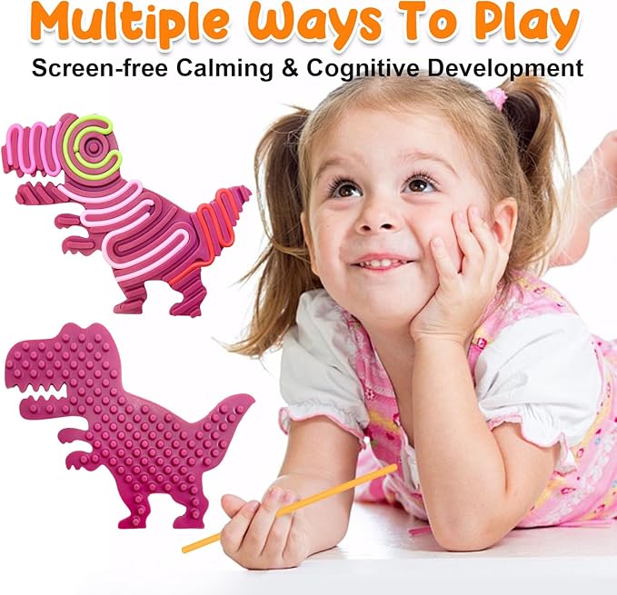 Dinosaur Sensory Activity Board for Kids, Double-Sided Silicone Fidgets Toys - Silent, No Mess, for Calming, Stress Anxiety, ADHD&Autism - Includes Portable Travel Bag & 10 Strings, Purple