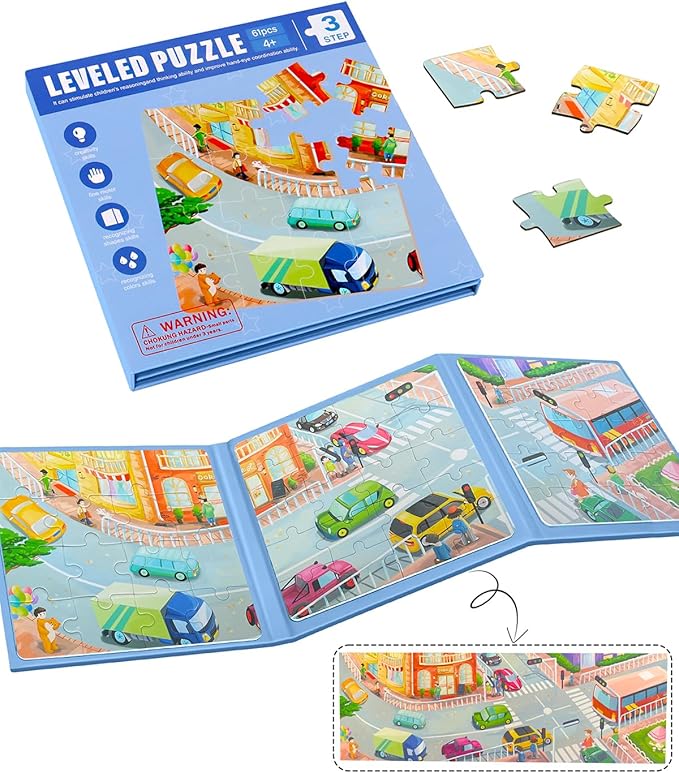 Magnetic Puzzles for Kids Ages 4-8, 3 in 1 Magnet Jigsaw Puzzle Book, Kids Travel Puzzles Car Road Trip Activities Toys, Learning Magnet for Road Trip (Transportation)