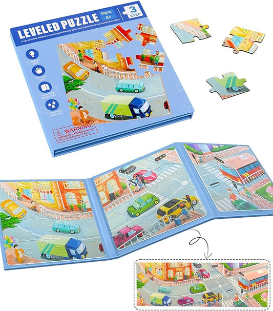 Magnetic Puzzles for Kids Ages 4-8, 3 in 1 Magnet Jigsaw Puzzle Book, Kids Travel Puzzles Car Road Trip Activities Toys, Learning Magnet for Road Trip (Transportation)