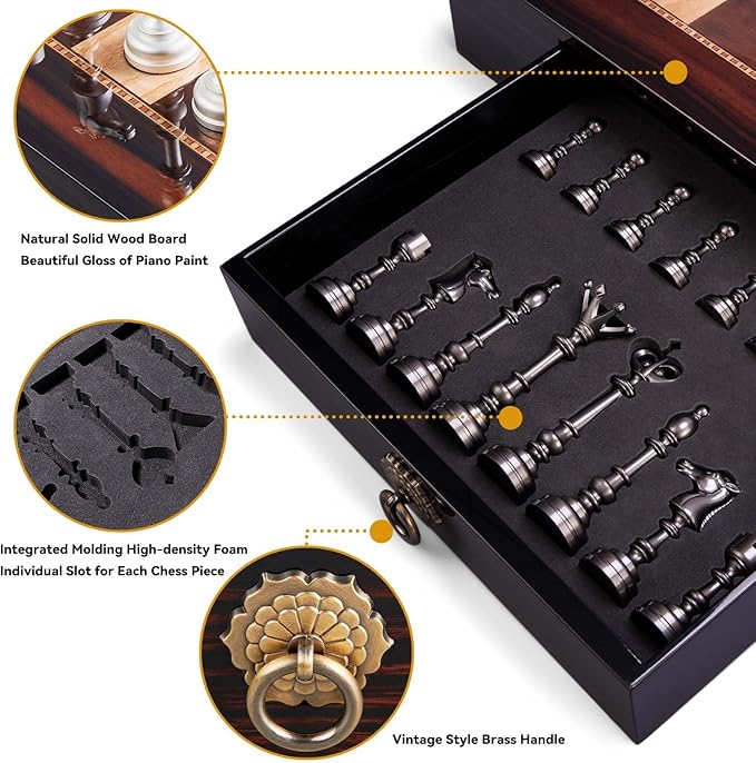 AMEROUS 20 Inches Wooden Chess Set with Metal Chess Pieces- 4.5'' King - 2 Built-in Storage Drawers - Gift Packaging,Tournament Chess Board Games for Adults and Kids