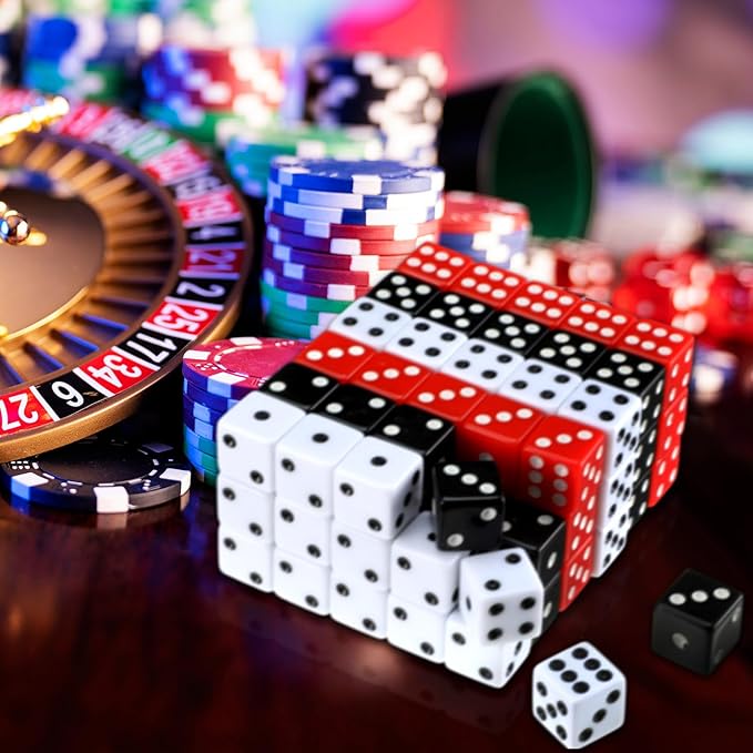 Poen 150 Packs Standard Game Dices Bulk 16mm Acrylic Casino Dice D6 for Board Activities, Birthday Party Supply(Black, Red, White,Square Corner)