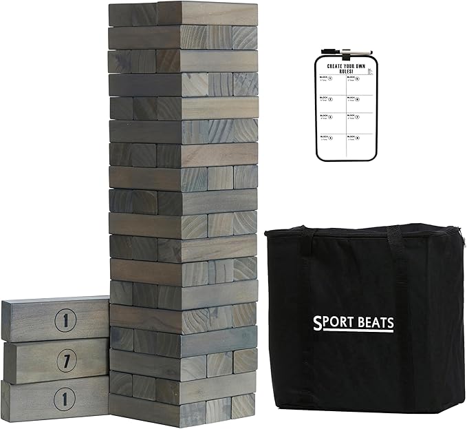 SPORT BEATS Gray Large Tower Game Outdoor Games 54 Blocks Stacking Game Includes Carry Bag