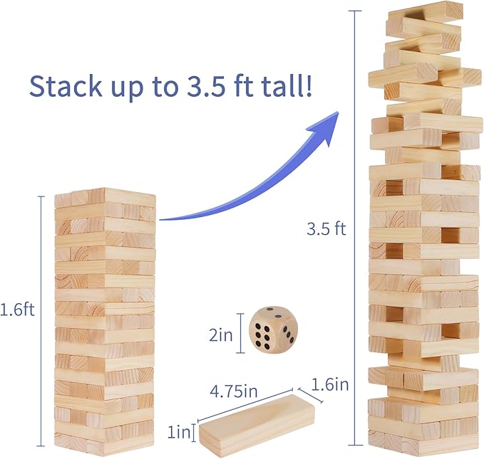 Giant Tumble Tower, 56 PCS Wooden Stacking Game (Stack to 3.5FT) - Pine Stack Timber Board Play with Carrying Bag-Classic Indoor/Outdoor Games for Adults Family
