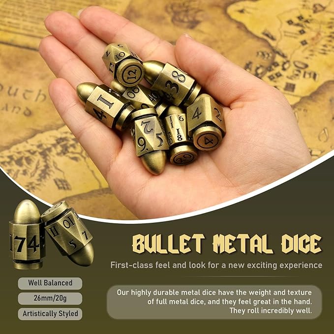 Bullet Dice Set, DND Dice Metal Revolver，ZHOORQI D6 Gun Dice D&D Gifts for Dungeons and Dragons, RPGs(7-Bronze)