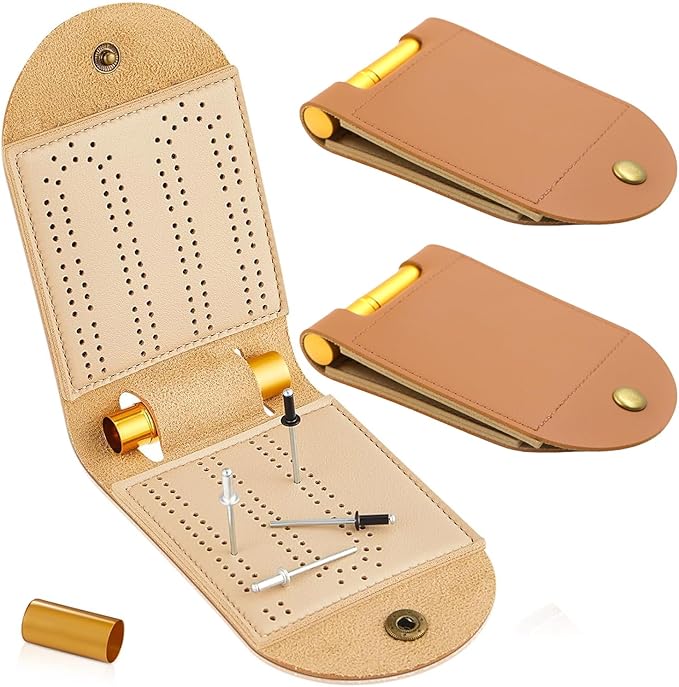 Travel Cribbage Board Game Set, Portable Cribbage Boards Unique 2 Track Cribbage Board, Foldable PU Mini Cribbage Board with 4 Cribbage Board Pegs, Folded:3.14x4.92in,After Unfolding L:10.31in (2Pcs)