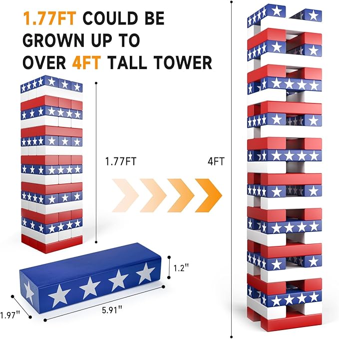 Nattork Giant Tumbling Tower (Stack from 1.77Ft to 4+ Ft), Wood Stacking Giant Blocks Game| Made from Premium Pine Wood| Ideal for Family, 54PCS Stars