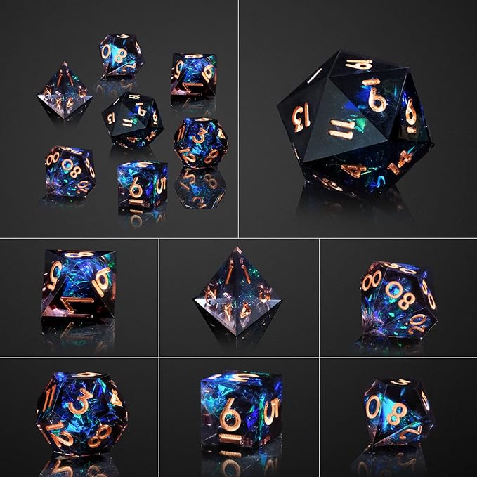 DND Dice Set Resin Sharp Edge Dice Set Handmade 7pcs Polyhedral Dice Set DND RPG MTG Role Playing Game Dice Set D&D Dice with Gift Case for DND Dungeons and Dragon (Light-Black)