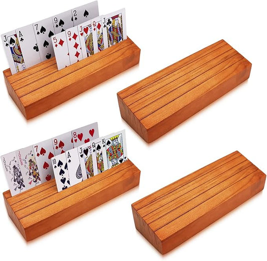 Card Deck Stand Set of 4 Playing Cards Holder for Kids Elder Wood Racks Tray for Organizing on Game Bridge Adults Canasta Uno Skipbo 5 Crowns(Orange)