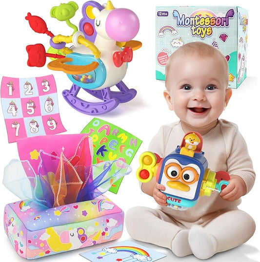 3 in1 Baby Toys 12 Months - Busy Board Sensory Toys, Tissue Box Toy, Pull String Teether, Learning Toy for Babies 12 18 Months, Baby Sensory Toys Gifts for 12 18 Months Old