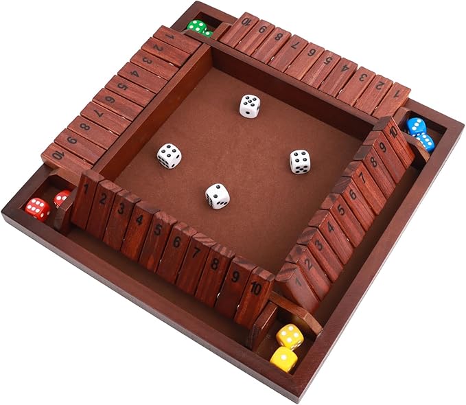 MerryPony Shut The Box 4 Player Wooden Board Game - 12 Inch With 10 Numbers and 12 Dice, Classic Family Tabletop Math Game for Adults & Kids, Pub Classroom Party