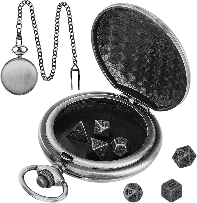 Mini DND Dice Set with Smooth Pocket Watch Shell Case, 7pcs Polyhedral Metal D&D Dice Accessories, DND Gifts with Box for Player, Role Playing Board Games Accessories, DND Gifts, Dark Silver