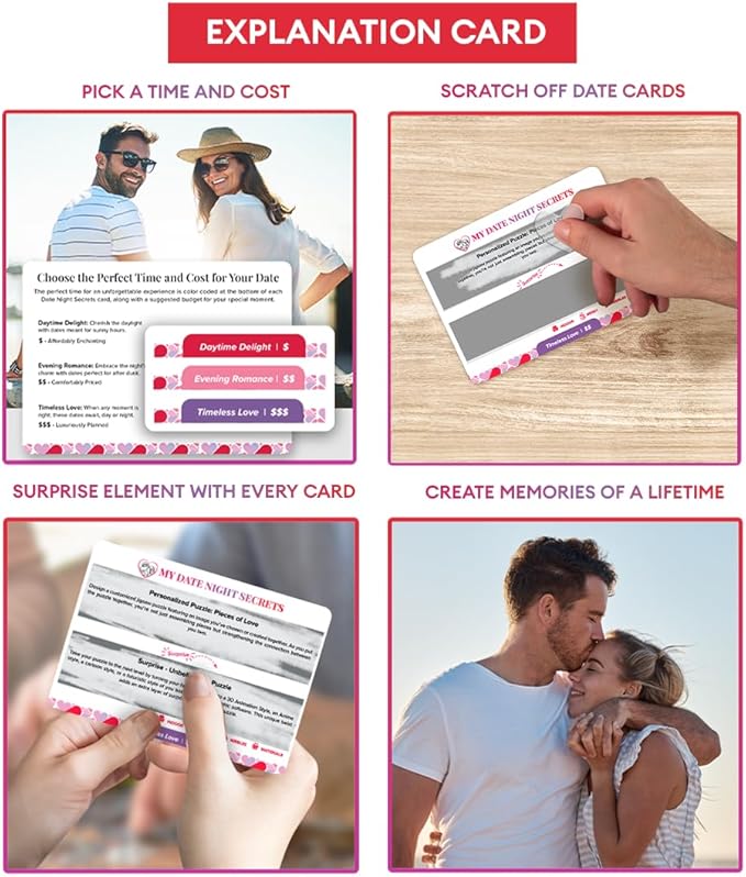 Valentines Gifts Couple Gifts - 40 Fun and Romantic Scratch Off Date Adventure Ideas - Girlfriend, Boyfriend, Wife, or Husband - Date Night Ideas, Card Game, Anniversary/Wedding, 5 Customizable Cards
