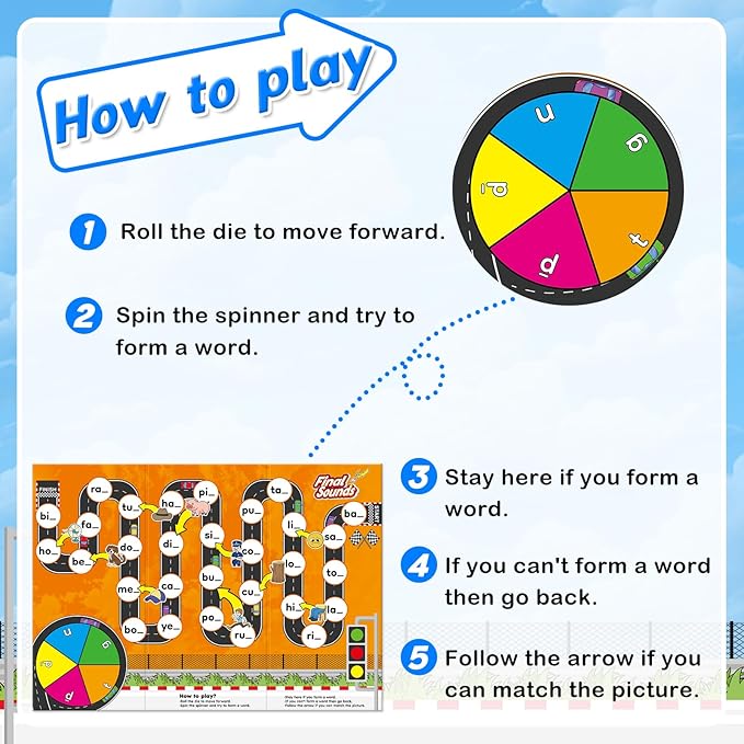 Phonics Board Games for Kids,Educational Learning CVC and CVCC Board Games for Boys and Girls,Reading and Spelling Word Games Ages 4 5 6,Classroom Travel Indoor Outdoor Family Games