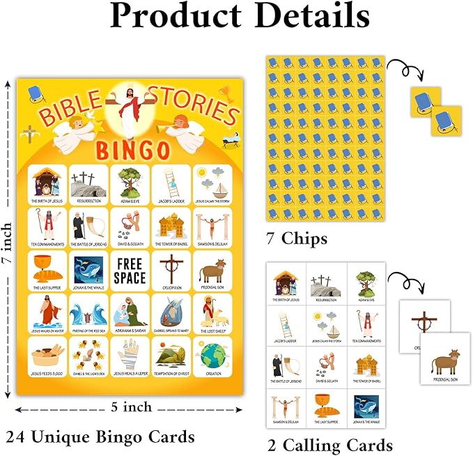 Bible Bingo Cards - Bible Stories, 24 Bingo Cards Sets, Bingo Games for Home Activities, Vacation Gifts for Adult Teenager, Bible Games Christian Party Game Bingo Supplies -01