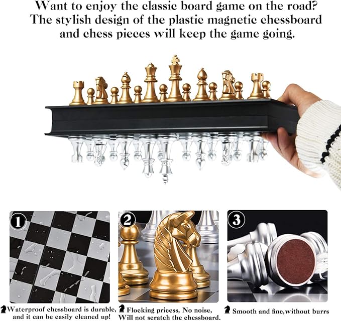 Travel Chess Set 9.8'' -Silver and Golden Chess Set- Educational Games for Kids and Adults with Game Board (9.8''_Silver and Golden)