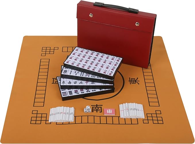 Japanese Riichi Mahjong Set, White and Yellow Tiles - with Red Box, East Wind Tile, Set of Scoring Sticks, Dices, and Mahjong mat.