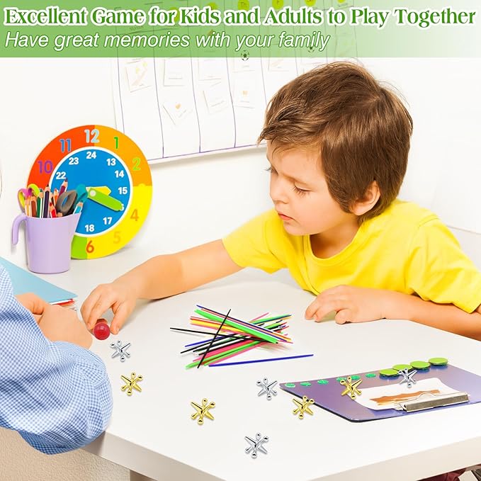 ZeeDix Pick Up Sticks and Metal Jacks Game with Ball Kit- Include 3 Pcs Red Rubber Balls and 30 Pcs Gold and Silver Metal Jacks, 180pcs Classic Pick Up Sticks Game for Kids Adults Family