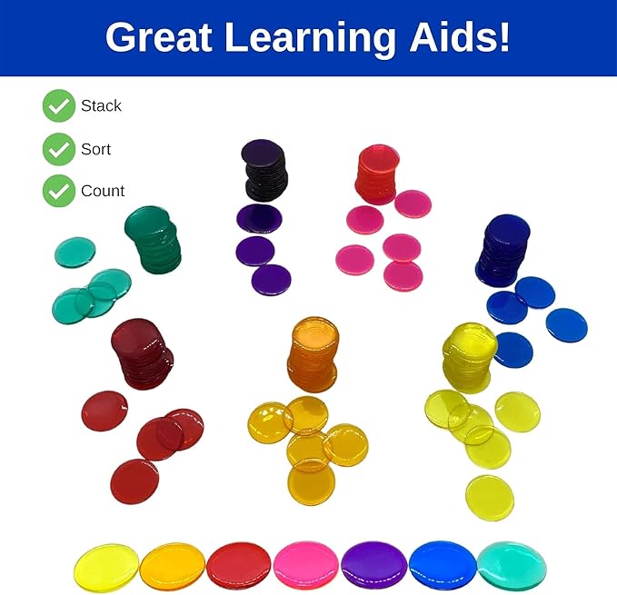 MR CHIPS Plastic Bingo for Games 500 Count - Solid and Transparent Colors Counting 19 Color Choices 3/4 Inch 7/8