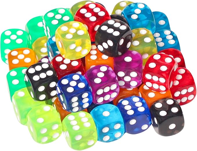 50 Pieces 16mm Colored Dice Set, Bulk Dice in 10 Translucent Colors with a Blue Drawstring Storage Bag, 6 Sided Dice for Board Games