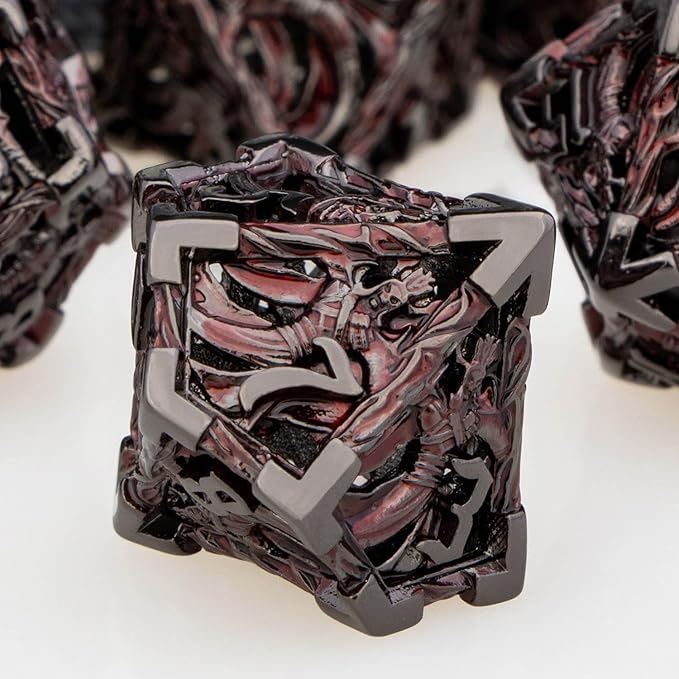 Hollow DND Dice Set Metal Wizard Dice with Box, 7pcs Red Black Polyhedral D and D Dice for use with D&D RPG Tabletop Games Role Playing Game