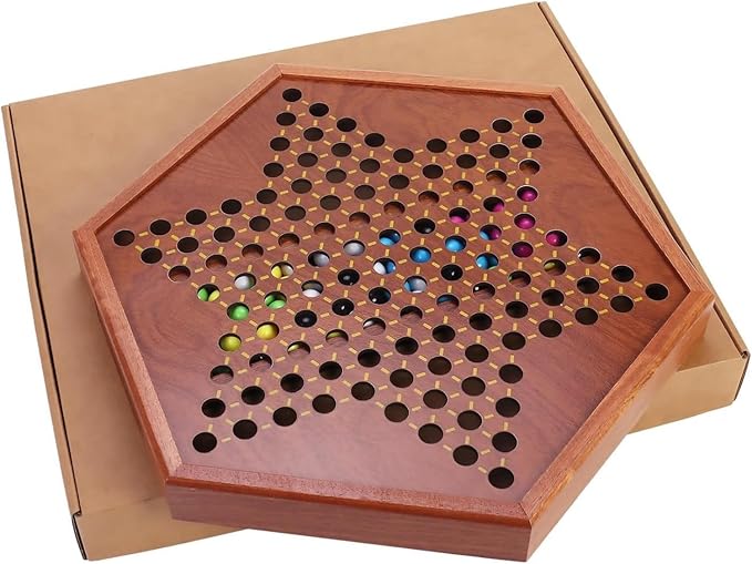Chinese Checkers Board Game – 13.7" Large Wooden Set with 60 Colorful Acrylic Marbles + 30 Spares – Classic Family Strategy Game for Adults