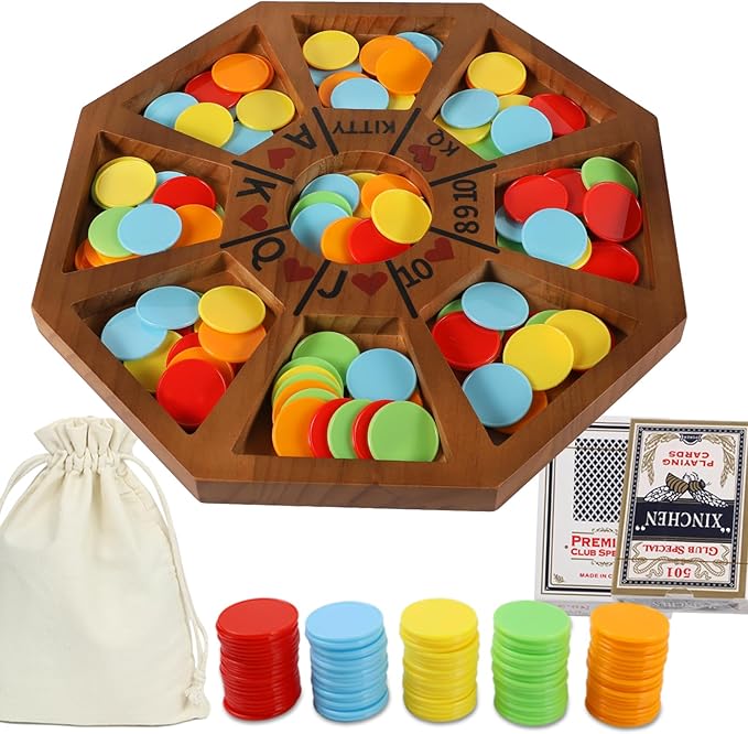 Michigan Rummy Game Luxury Set Royal Hearts Rummy Poker Wooden Tripley Board Game Bravado Game Classic Family Card Game 100 Chips 2 Playing Cards (Small Octagon, Walnut Color)