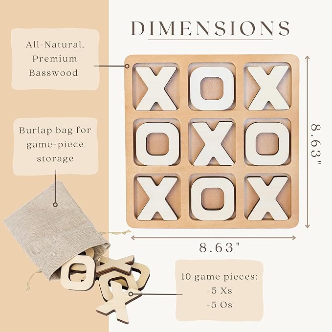 Tic Tac Toe Game, Versatile Boho Natural Wood Tic Tac Toe Board for Classic Two Person Games, 8.63 Inches Tic Tac Toe Coffee Table Decor, Two Ways to Play