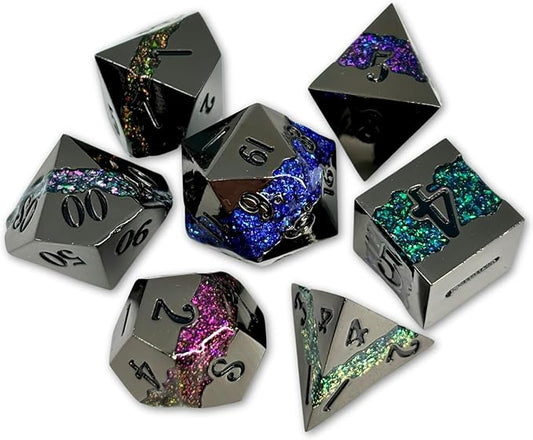 Sage's Portal Metal Riftstone DND Dice 7-PC Polyhedral Dice Set for DND TTRPG Dungeons and Dragons Pathfinder Oversized Designer Dice (Gloss Black/Rainbow)