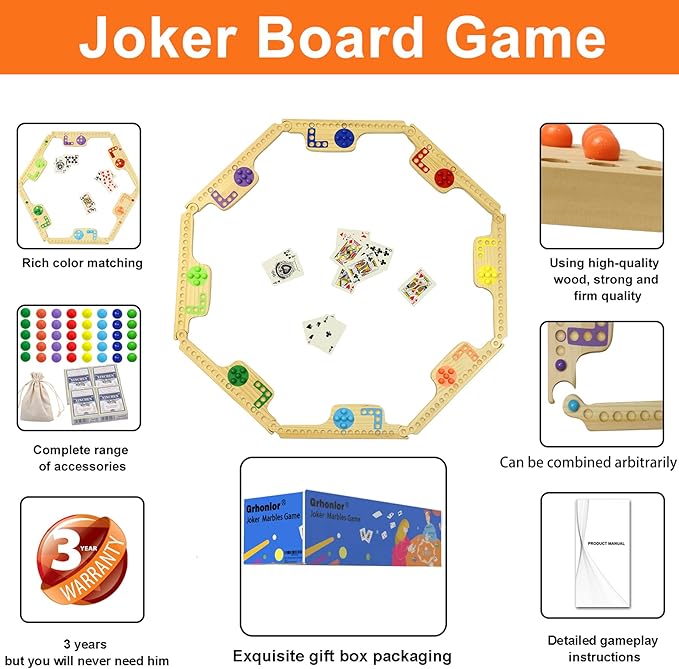Marbles and Jokers Board Game Pegs and Jokers Real Solid Wood (Pine) Game Board Wooden for 2-8 Players 8 Game Boards 8 Colors 40 Marbles 4 Boxes Card