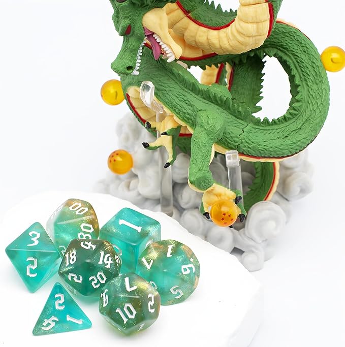 DND Dice Set with Dragon Totem Metal Gife Case, Dungeons and Dragons Dice Set,Polyhedral Dice Set Filled with Shiny Glitters,Role Playing Games and Tabletop Games (Green&Yellow)