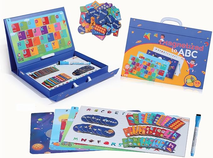 Educational Game for Learning ABC Letters, Numbers & Colors - Magnetic Matching Boards & Erasable Writing Board for Ages 4+