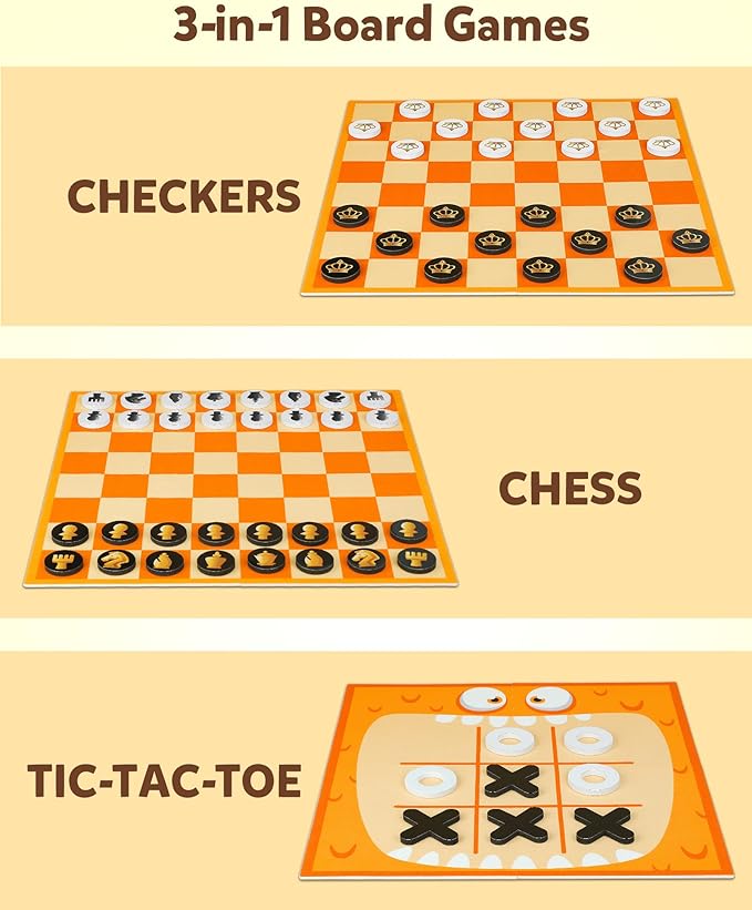 Coogam Chess and Checkers Board Game, 3-in-1 Tic Tac Toe Vintage Table Game with Mat, Lawn Party Favor Activity Indoor Outdoor Travel Toy for Family Play