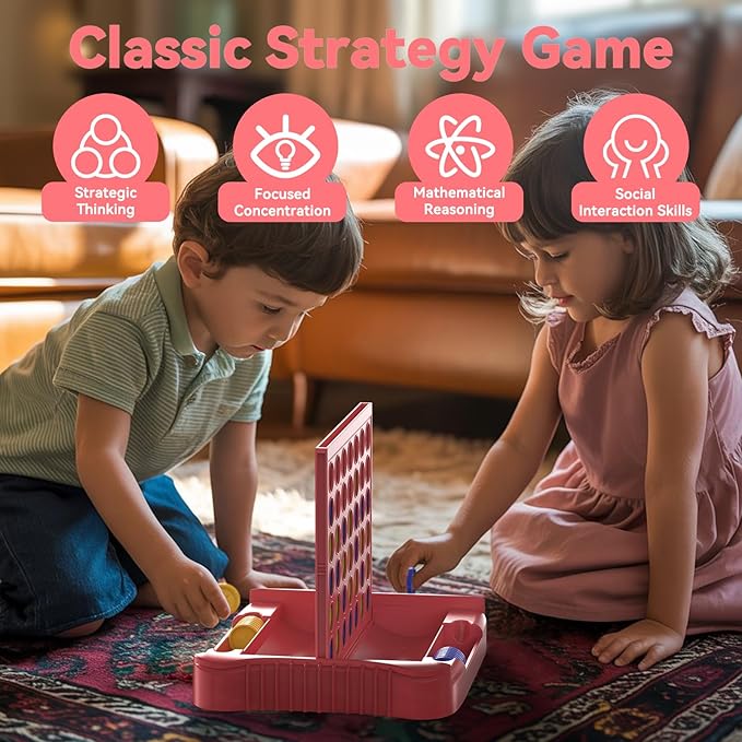 Pup Go 4 in a Row Game, Connect & Win Four in a Row Board Game, Portable 2-Player Strategy Games for Travel, Gift for Girl Age 3 4 5 6 7 8-12, Family Games Foldable Design with 6 Spare Discs Pink