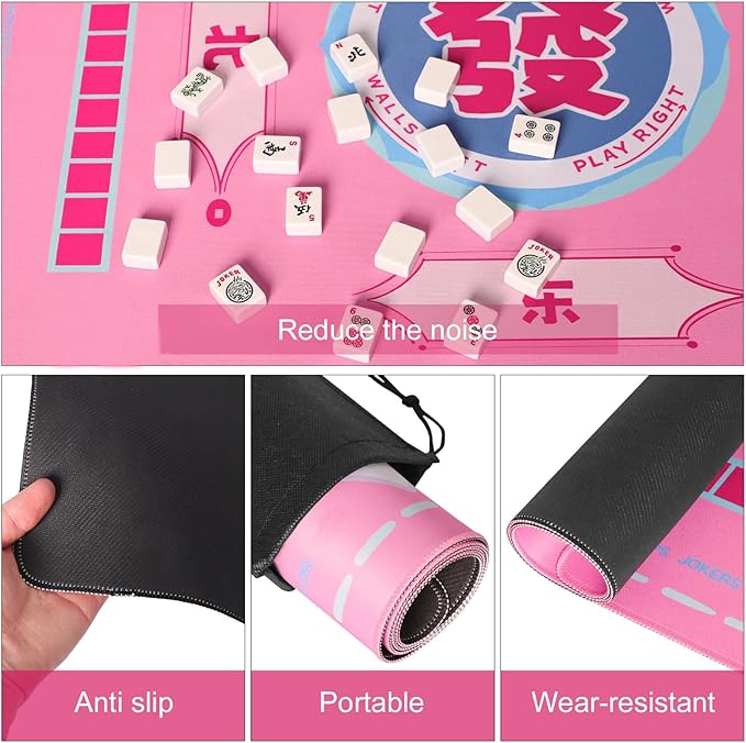 Pink Mahjong Learning Mat with Black Carrying Bag, Anti-Slip, Noise-Reducing Table Cover for Mahjong, Board Games, Tile Games and Card Games (33” x 33”)