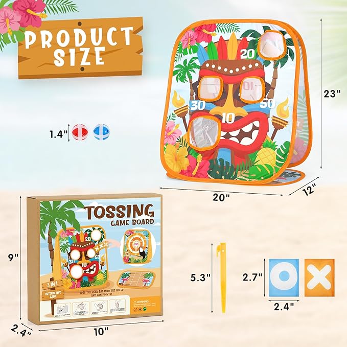 Bessmoso Luau Party Bean Bag Toss Games Hawaiian Tiki Party Games Double-Sided Collapsible Cornhole Board for Summer Tropical Party Family Outdoor Indoor Yard Kindergarten Party Games