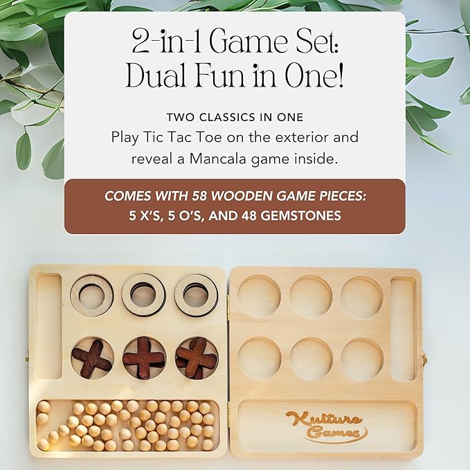 Kulture Games 2-in-1 Mancala Tic Tac Toe Board Game Set – Wooden Folding Mancala Game for All Ages – Portable, Aesthetic Design – Strategic Family Game Set for Travel, Kids, and Adults